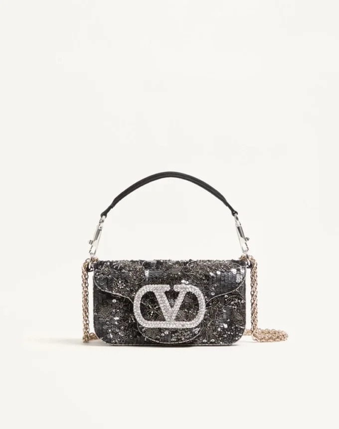 Valentino Garavani Locò Geantă mică de umăr brodată cu logo bijuterie Valentino Garavani Locò Geantă mică de umăr brodată cu logo bijuterie
